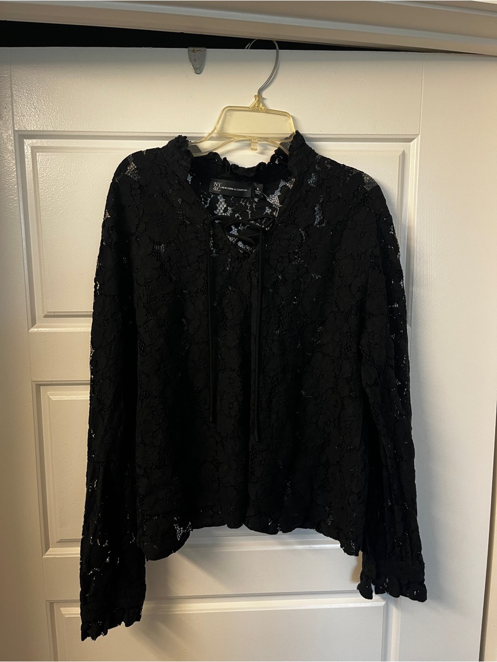 New York & Company Black Lace Tie-Neck Long Sleeve Blouse